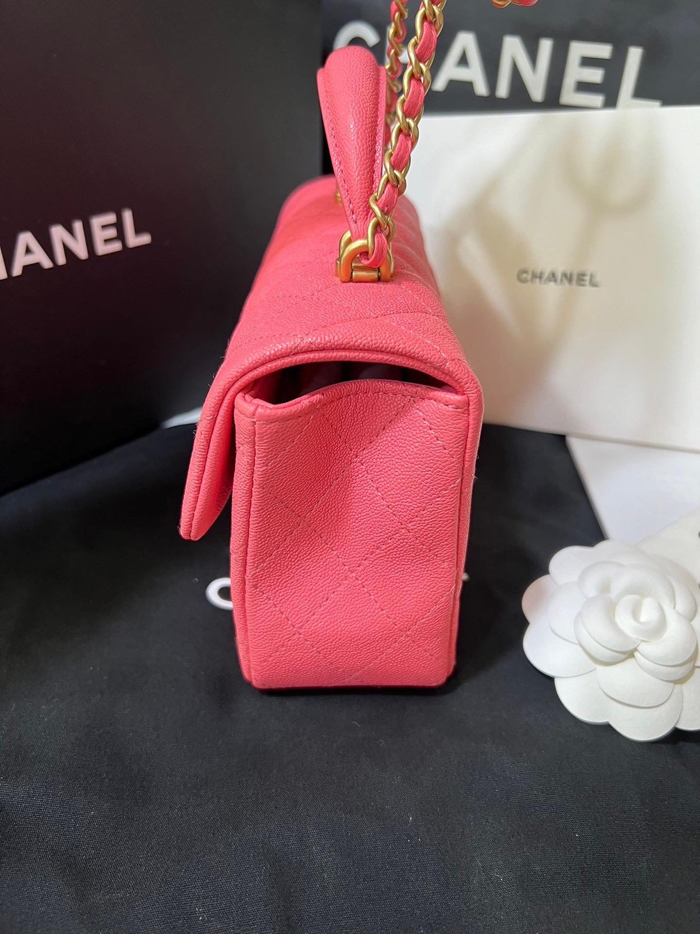 Chanel pink caviar mini rectangle top handle aged gold hardware