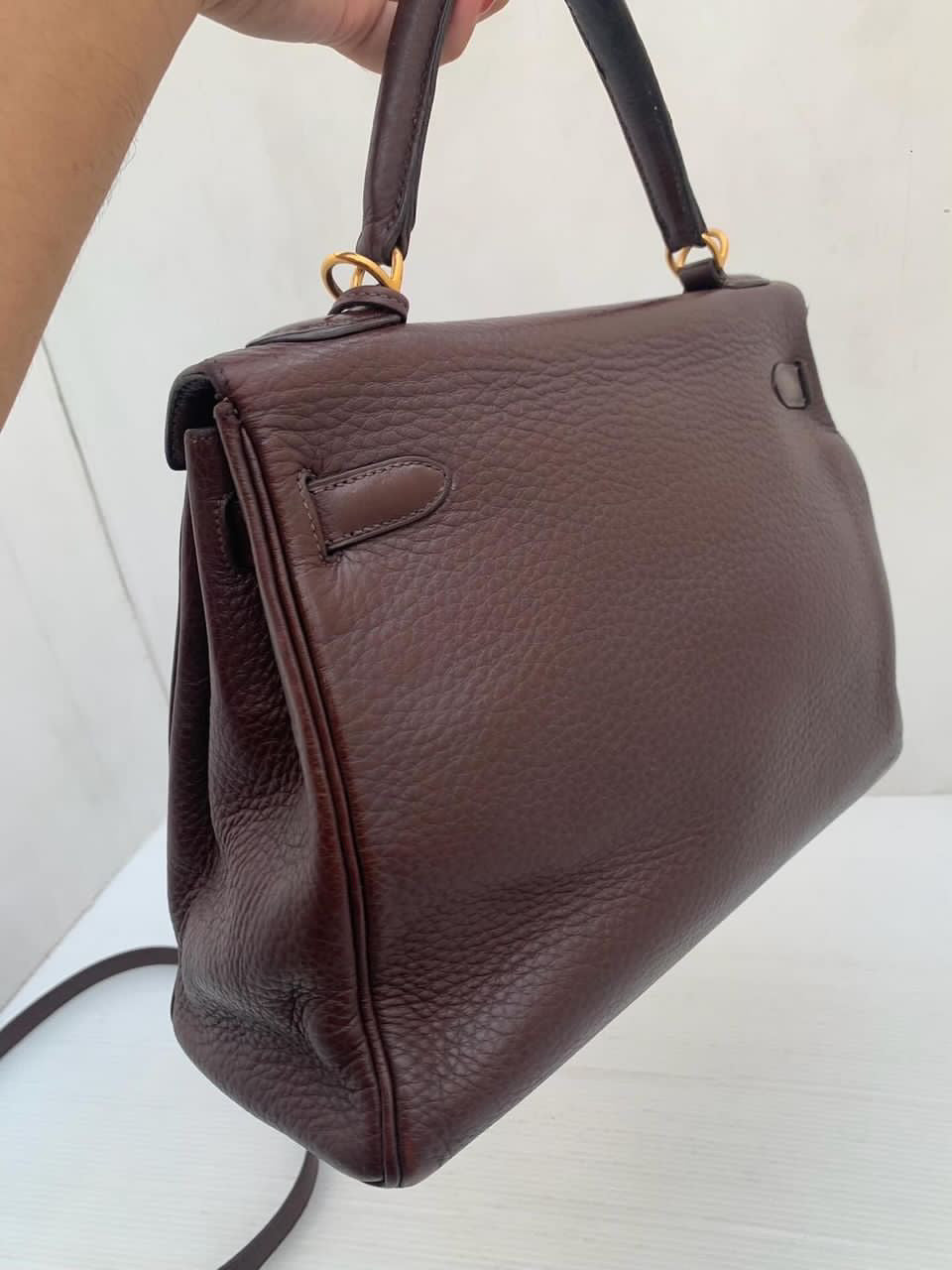 Hermes Kelly 32 chocolate fjord leather GHW stamp G square