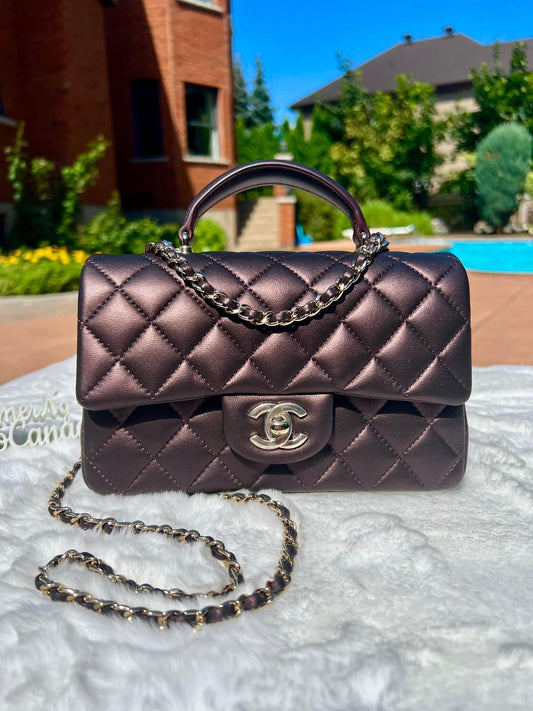 Chanel mini top handle iridescent dark purple quilted lambskin with light gold hardware