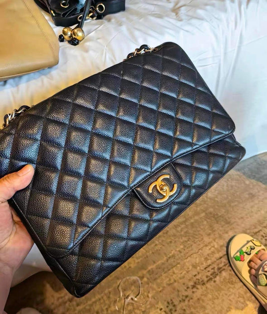 Chanel navy blue caviar maxi double flap GHW