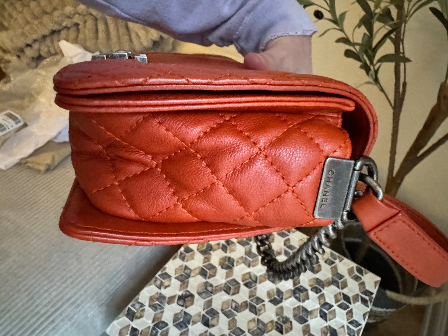 Chanel Orange Quilted Boarder Medium Calfskin Boy Bag