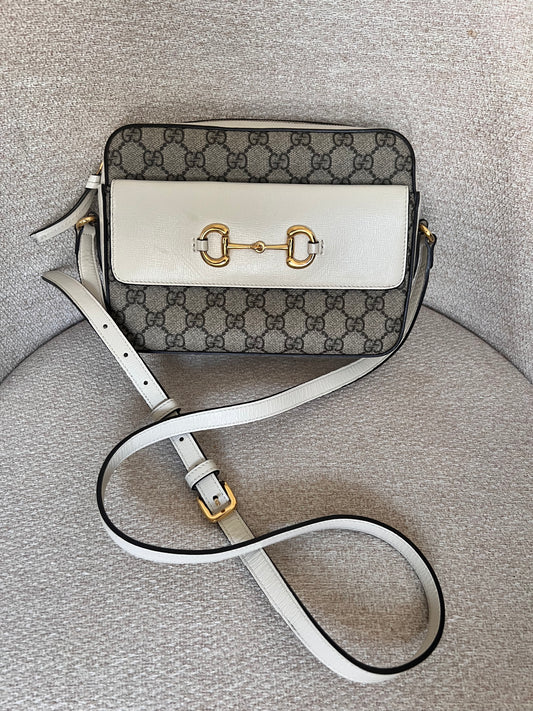 Gucci horsebit small white x GG coated canvas camera crossbody