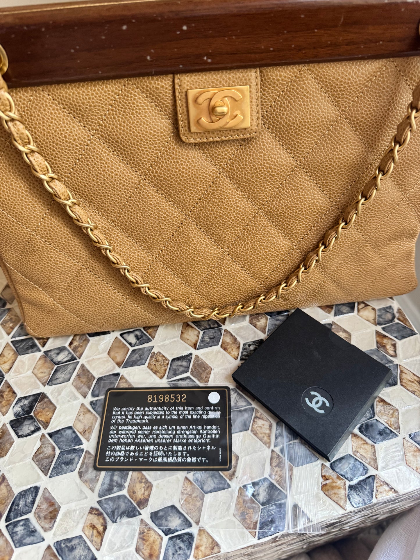 Chanel Vintage Beige Caviar Wooden CC Shoulder Tote