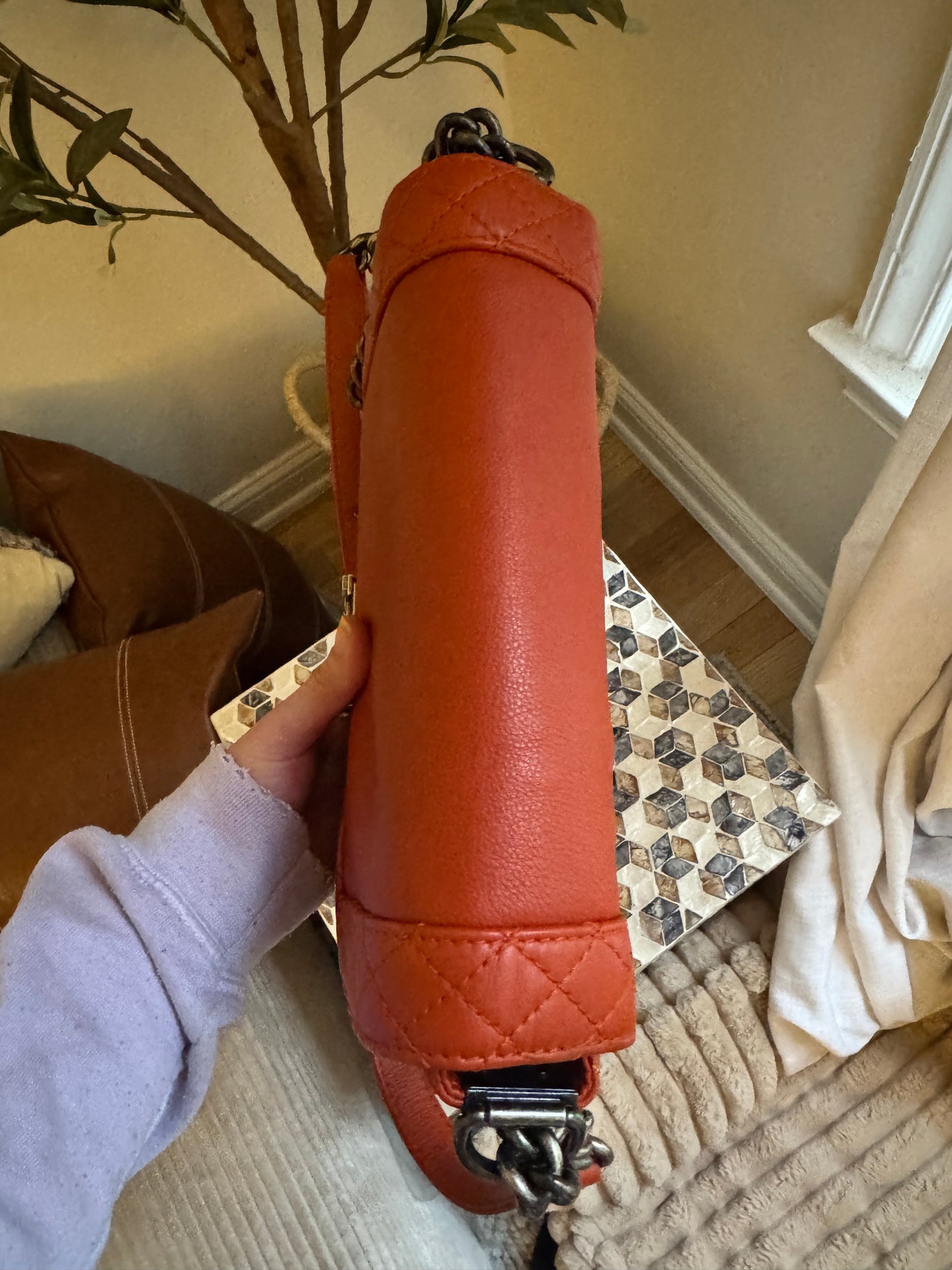 Chanel Orange Quilted Boarder Medium Calfskin Boy Bag