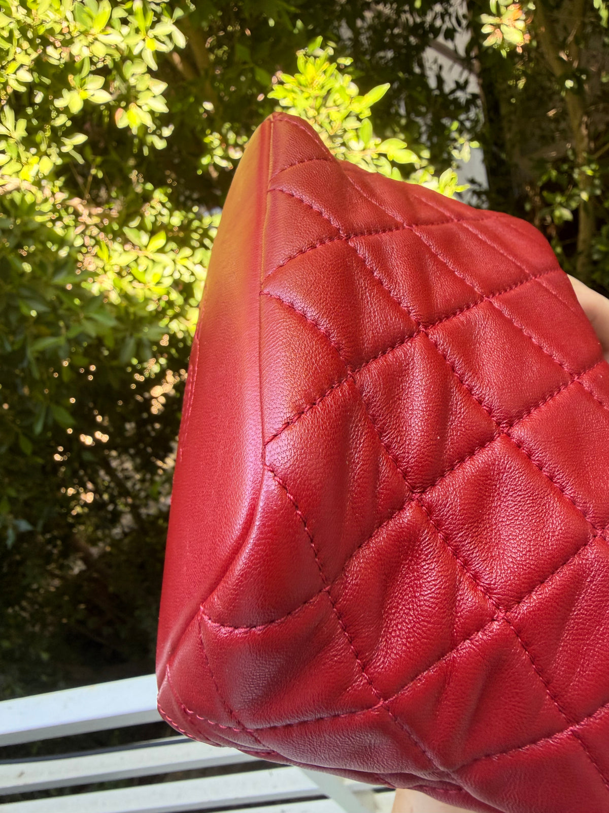 Chanel red lambskin CC turnlock top handle small hobo on chain