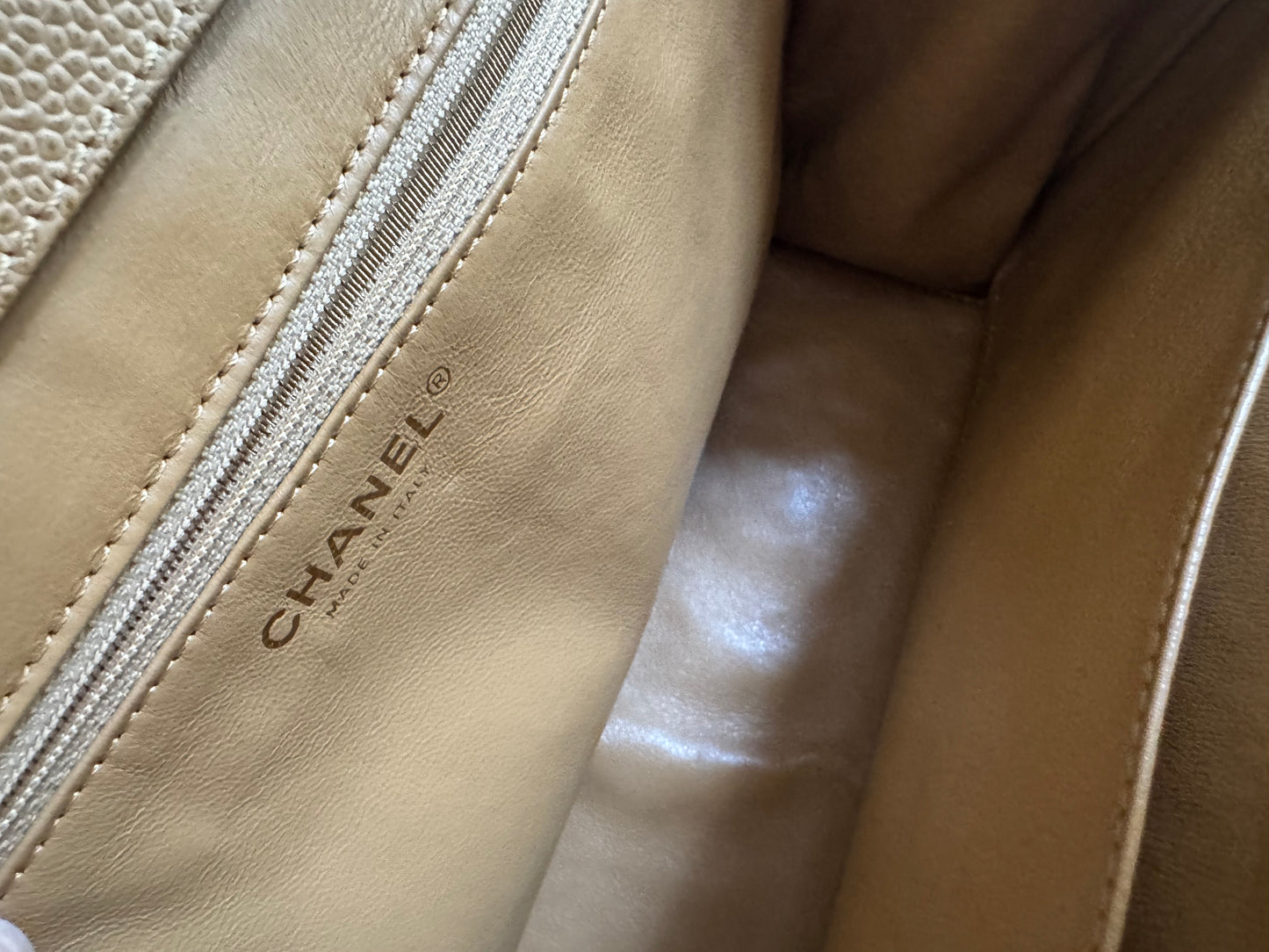 Chanel Vintage Beige Caviar Wooden CC Shoulder Tote