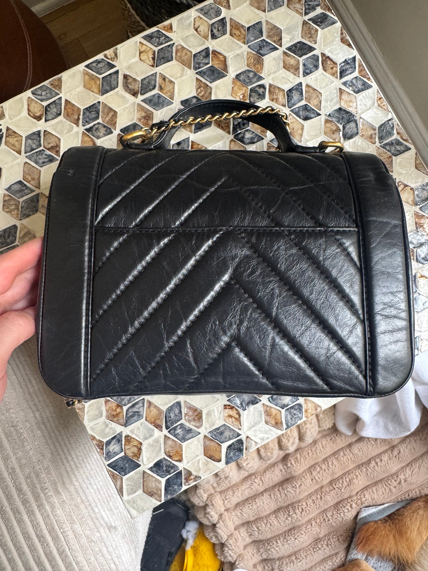 Chanel Black Chevron Quilted Crinkled Calfskin Top Handle/ Crossbody bag