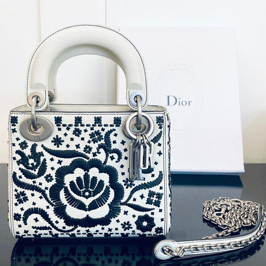 Lady Dior limited edition mini embroidered black and white