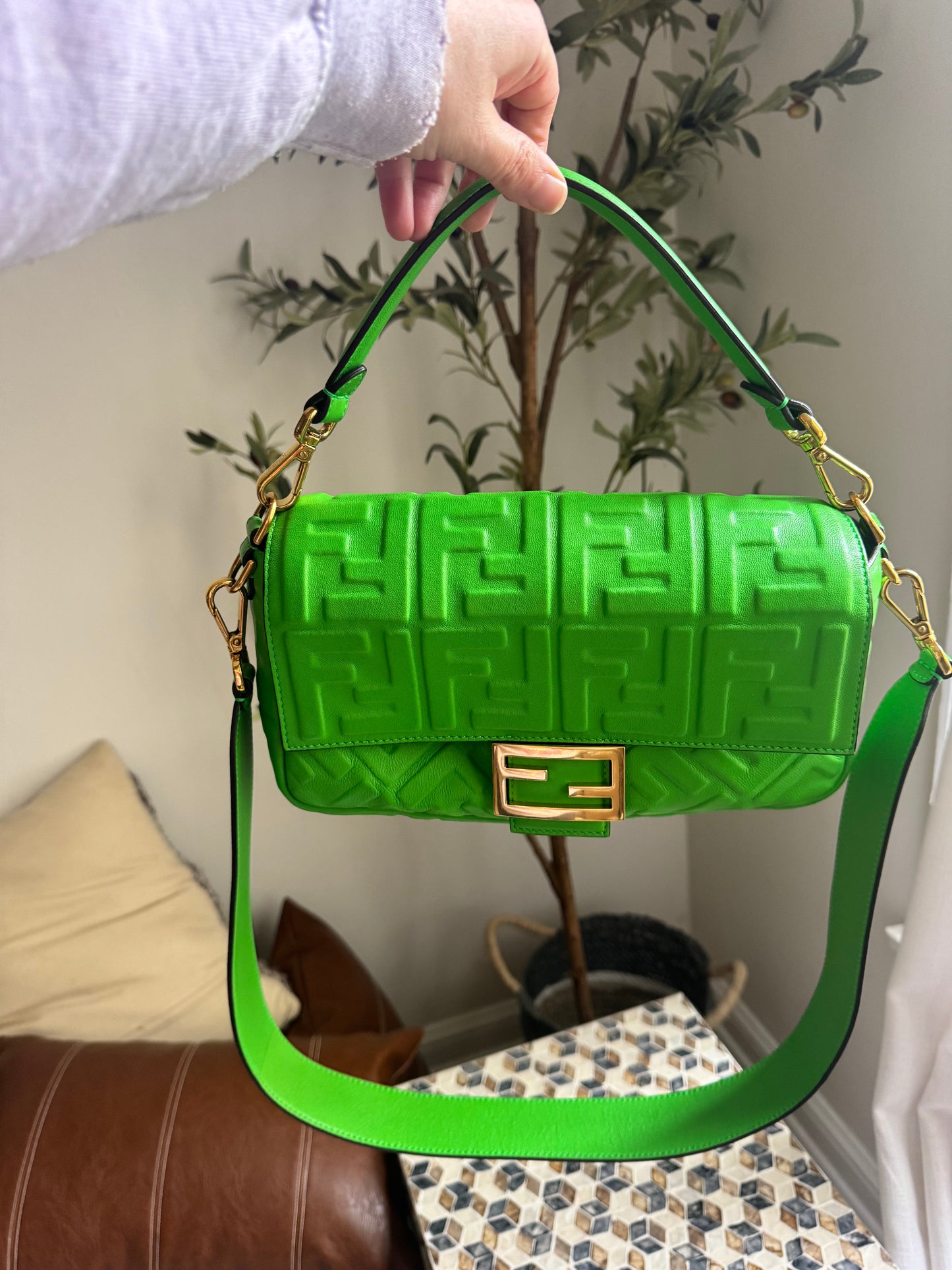 Fendi Napa FF 1974 Embossed Baguette Tomatillo