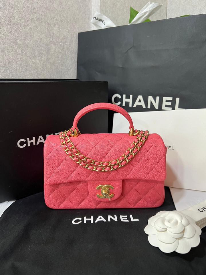 Chanel pink caviar mini rectangle top handle aged gold hardware