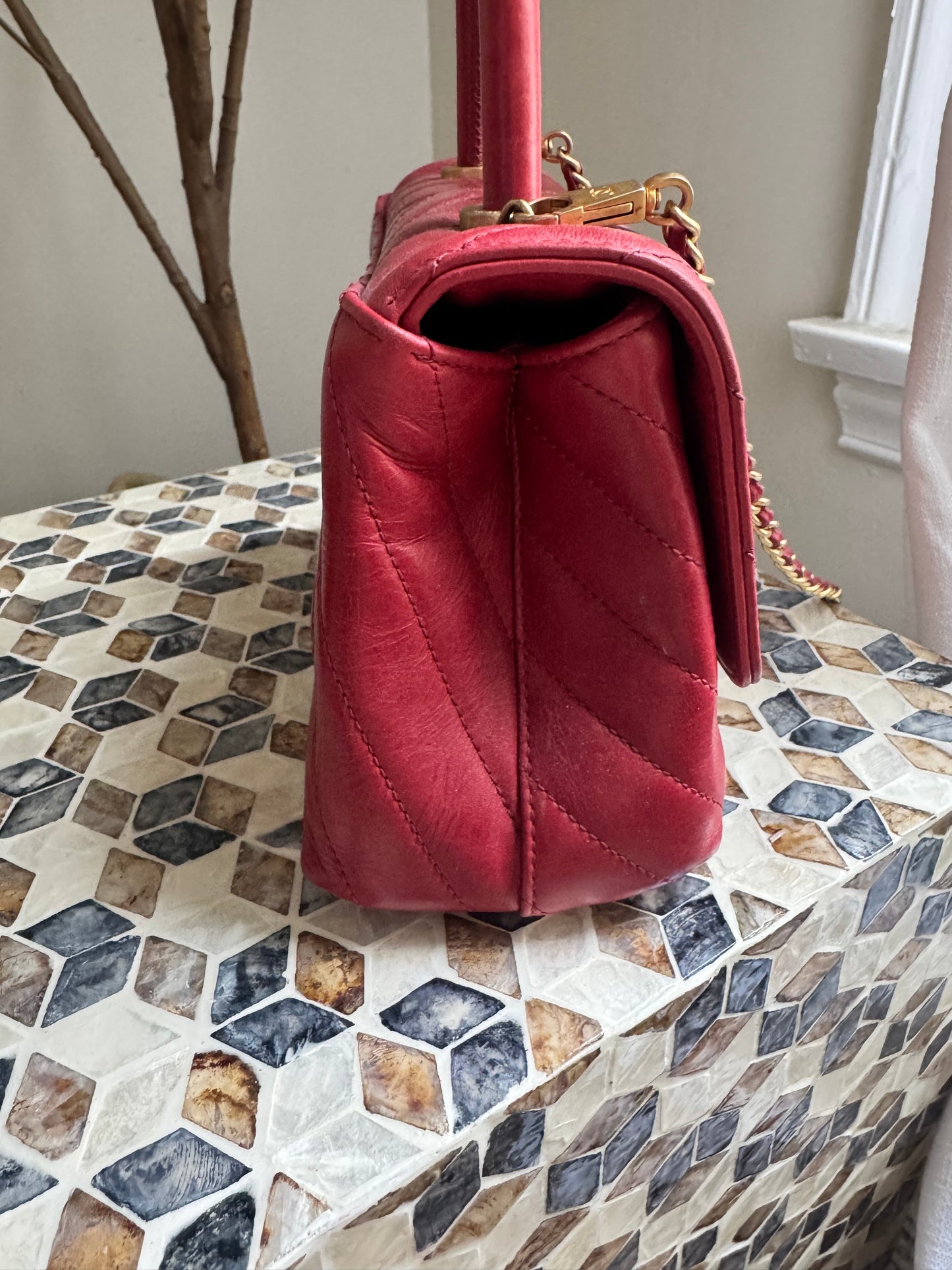 Chanel Chevron Crinkle Red Calfskin Small Coco Handle