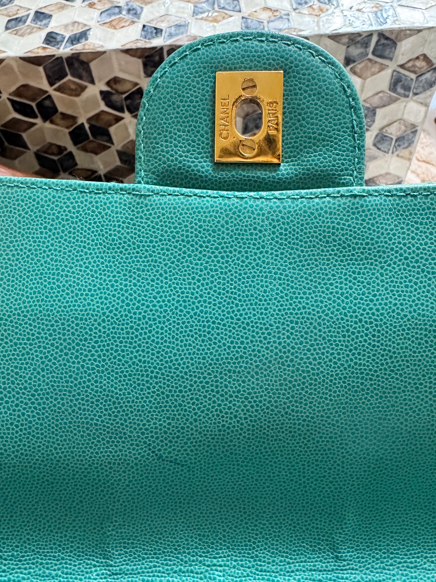 Chanel Turquoise Caviar Vintage Flat Stitch Jumbo Single Flap