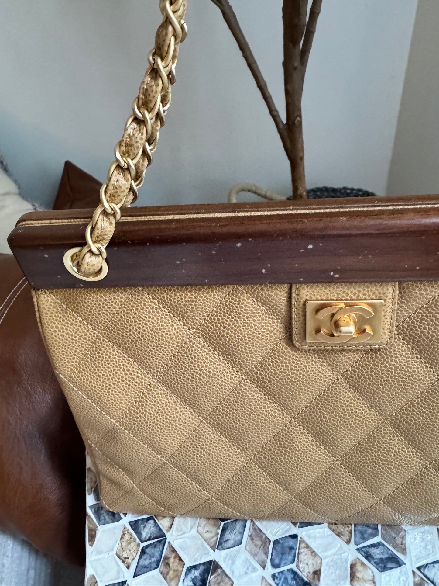 Chanel Vintage Beige Caviar Wooden CC Shoulder Tote