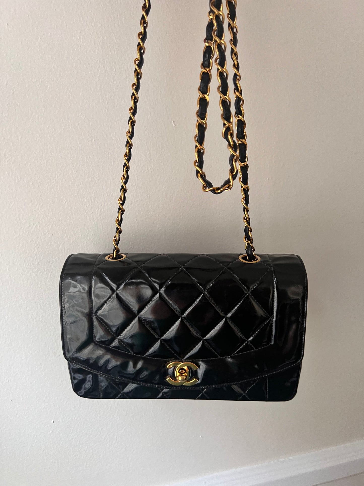 Chanel Small vintage black patent Diana 24k GHW