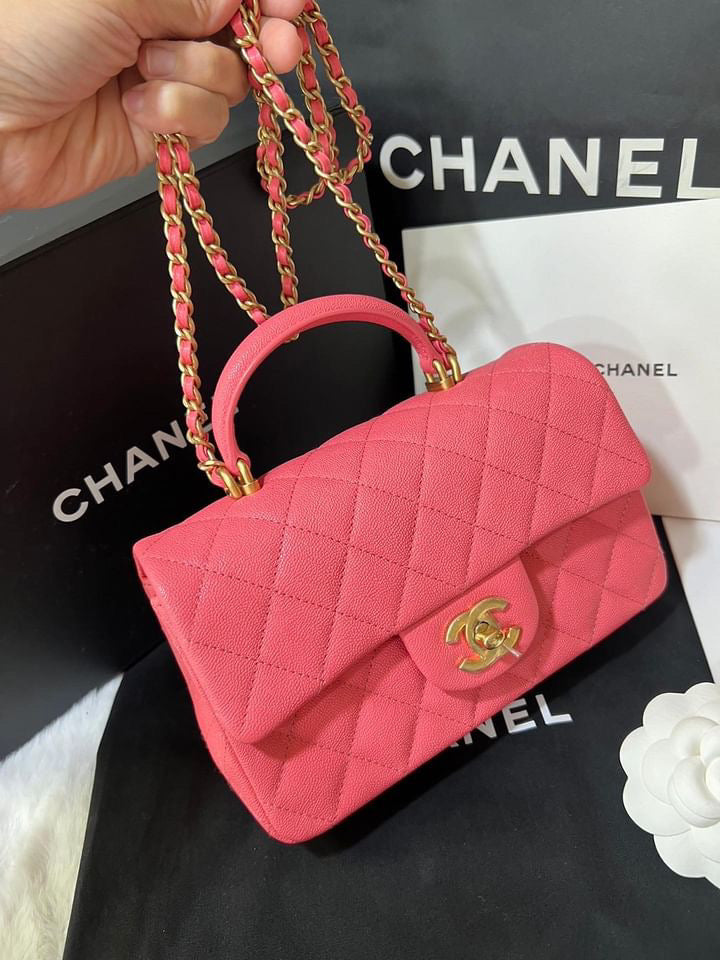 Chanel pink caviar mini rectangle top handle aged gold hardware