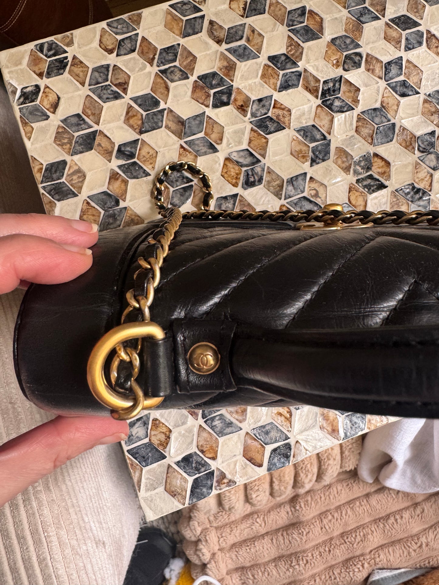 Chanel Black Chevron Quilted Crinkled Calfskin Top Handle/ Crossbody bag