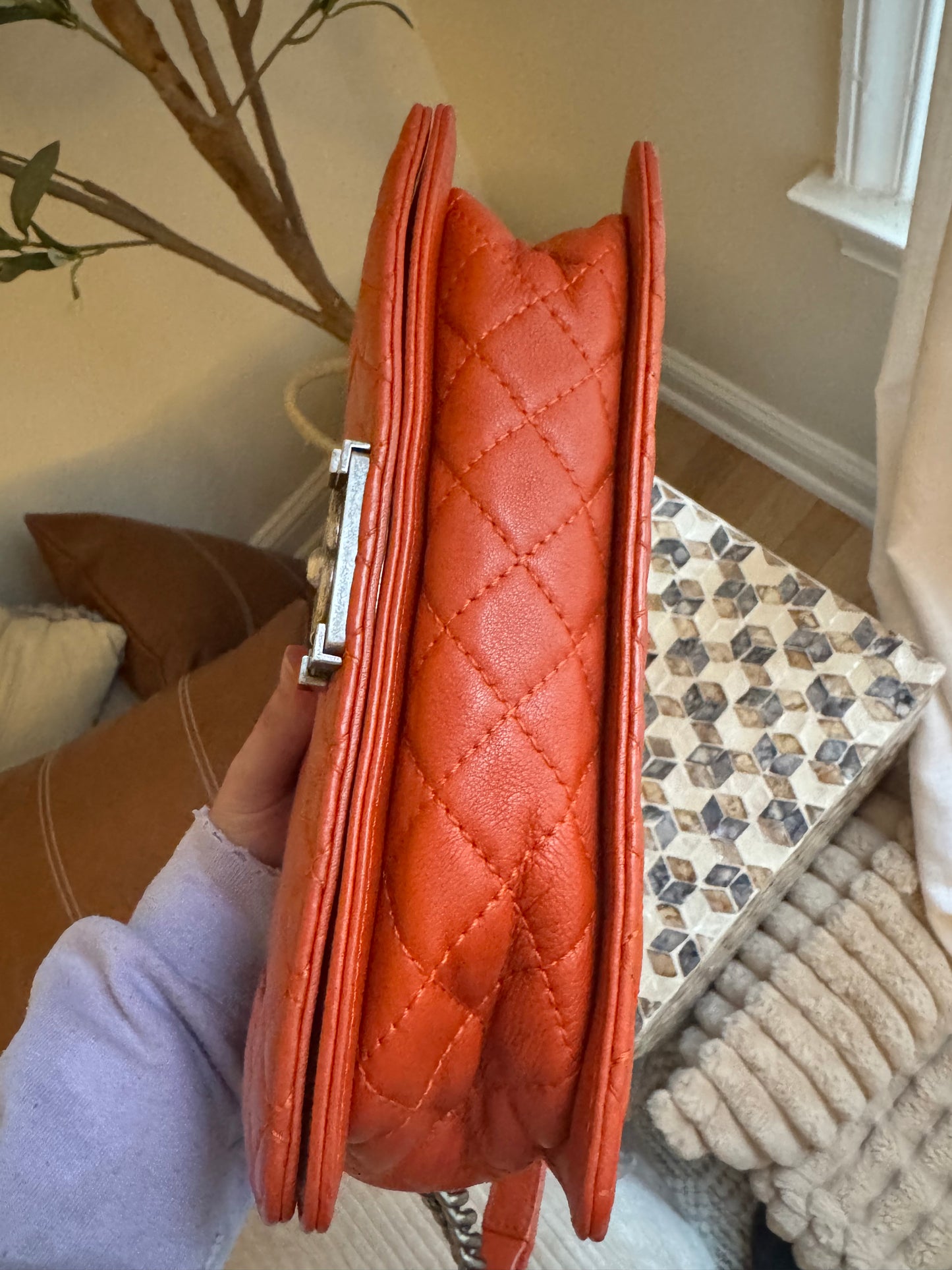 Chanel Orange Quilted Boarder Medium Calfskin Boy Bag