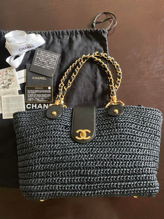 Chanel black raffia shoulder tote