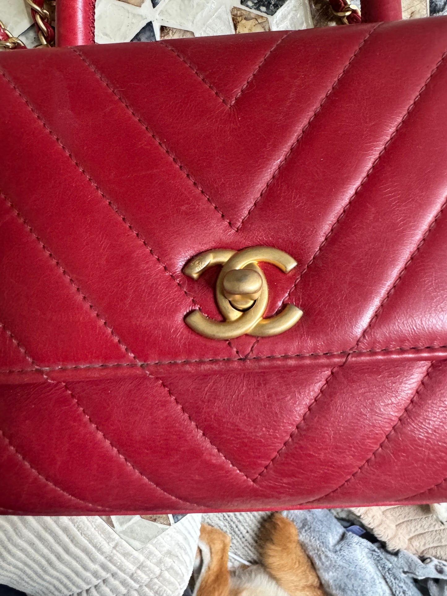 Chanel Chevron Crinkle Red Calfskin Small Coco Handle