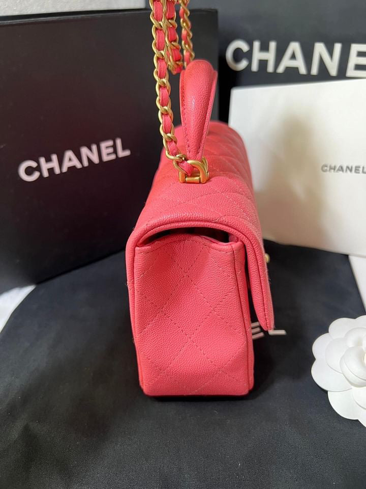 Chanel pink caviar mini rectangle top handle aged gold hardware