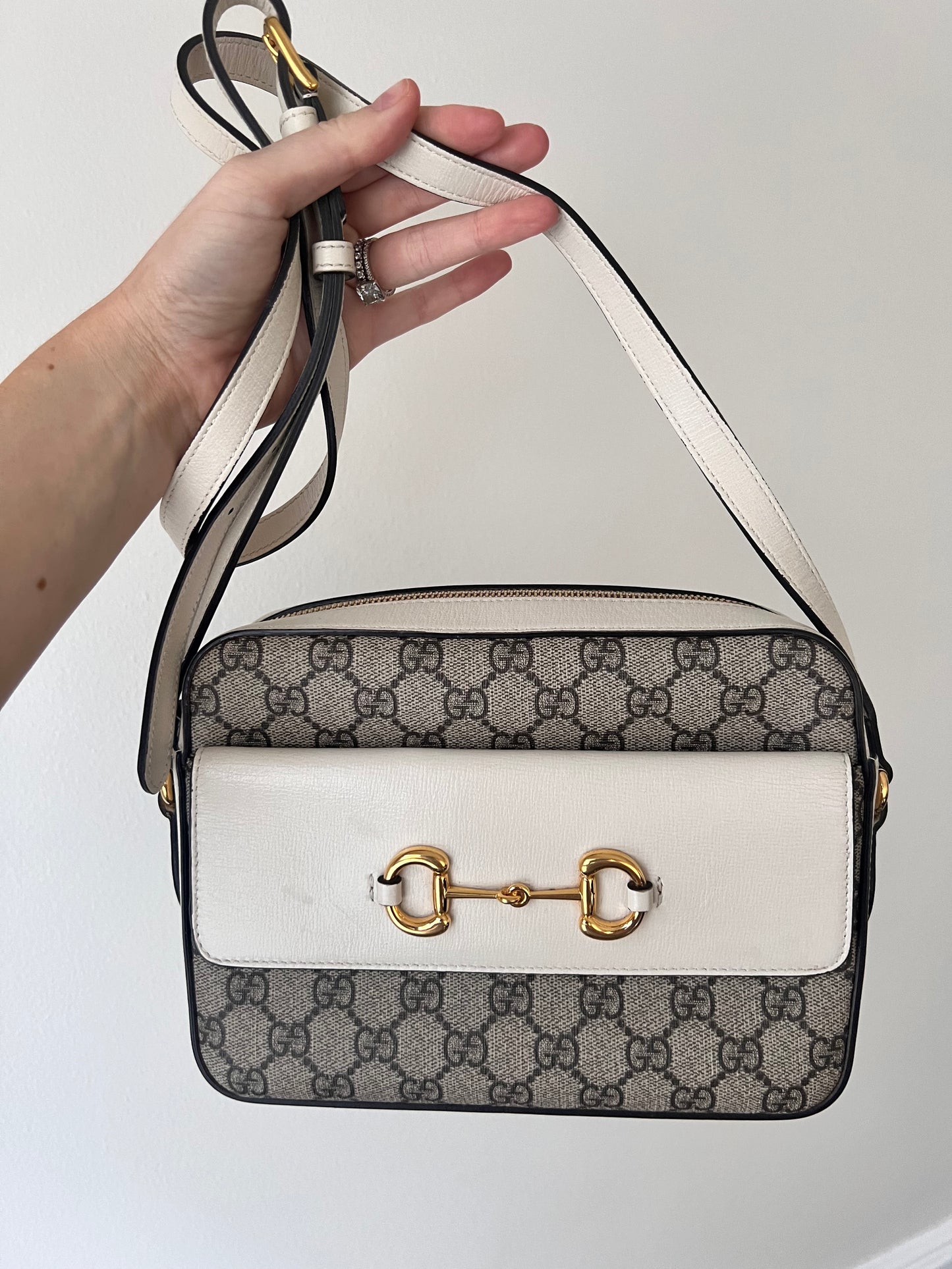 Gucci horsebit small white x GG coated canvas camera crossbody