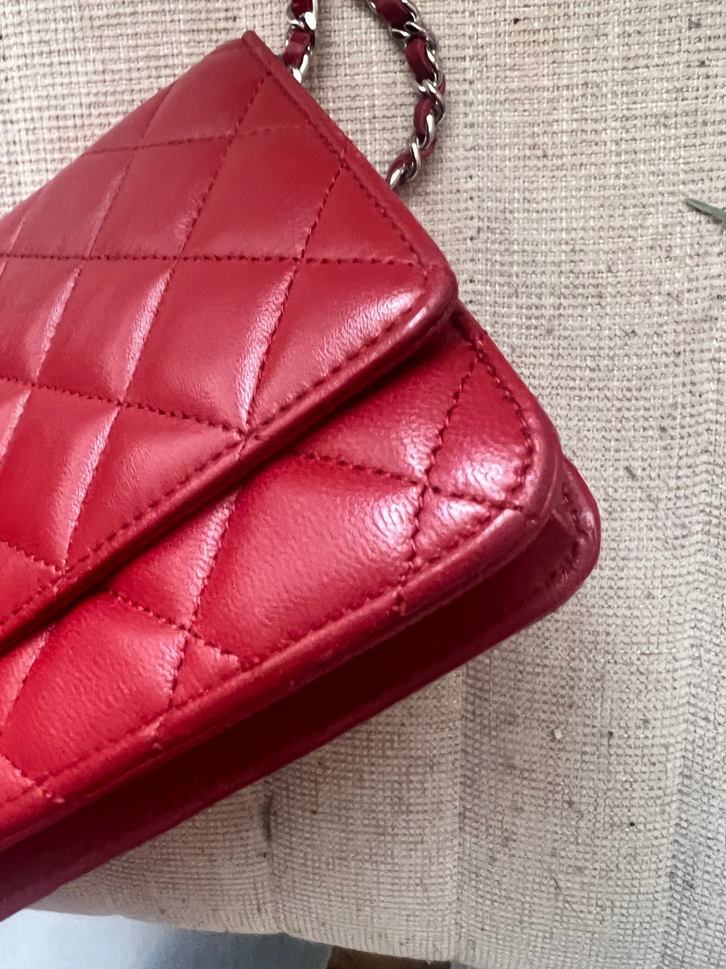 Chanel cherry red lambskin WOC wallet on chain crossbody bag SHW