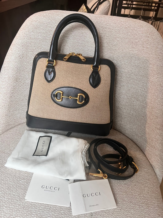 Gucci horsebit navy x toile canvas top handle 2 way bag