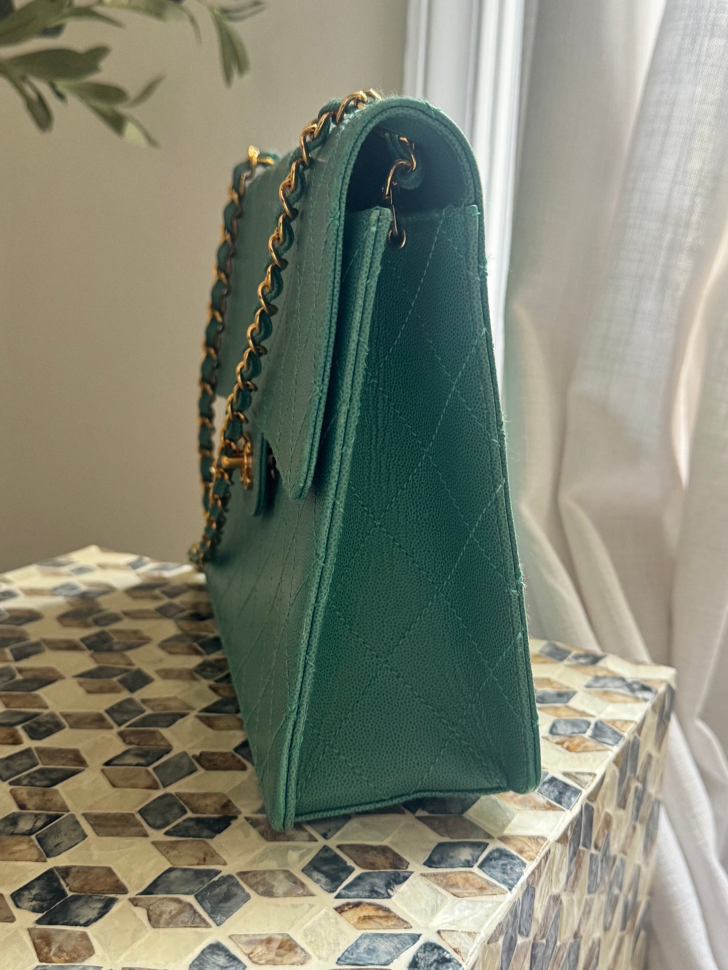 Chanel Turquoise Caviar Vintage Flat Stitch Jumbo Single Flap