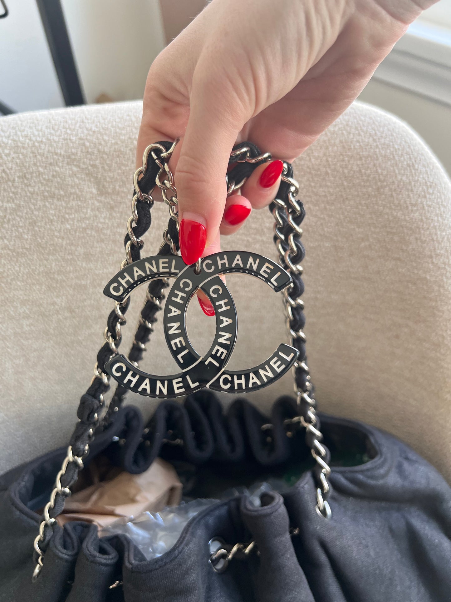 Chanel double chain shoulder CC charm tote