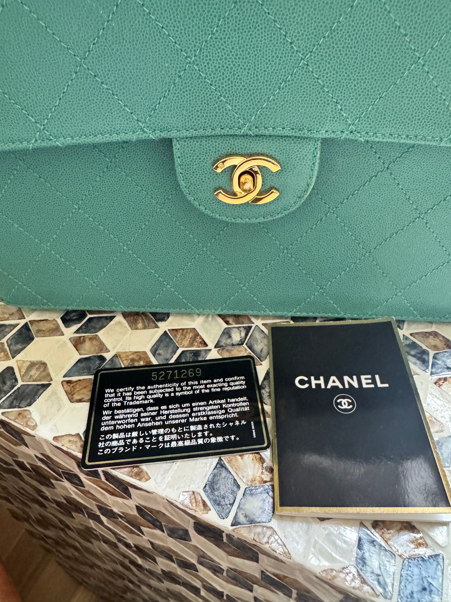 Chanel Turquoise Caviar Vintage Flat Stitch Jumbo Single Flap