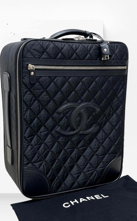 Chanel quilted fabric CC roller carry on travel suitcase