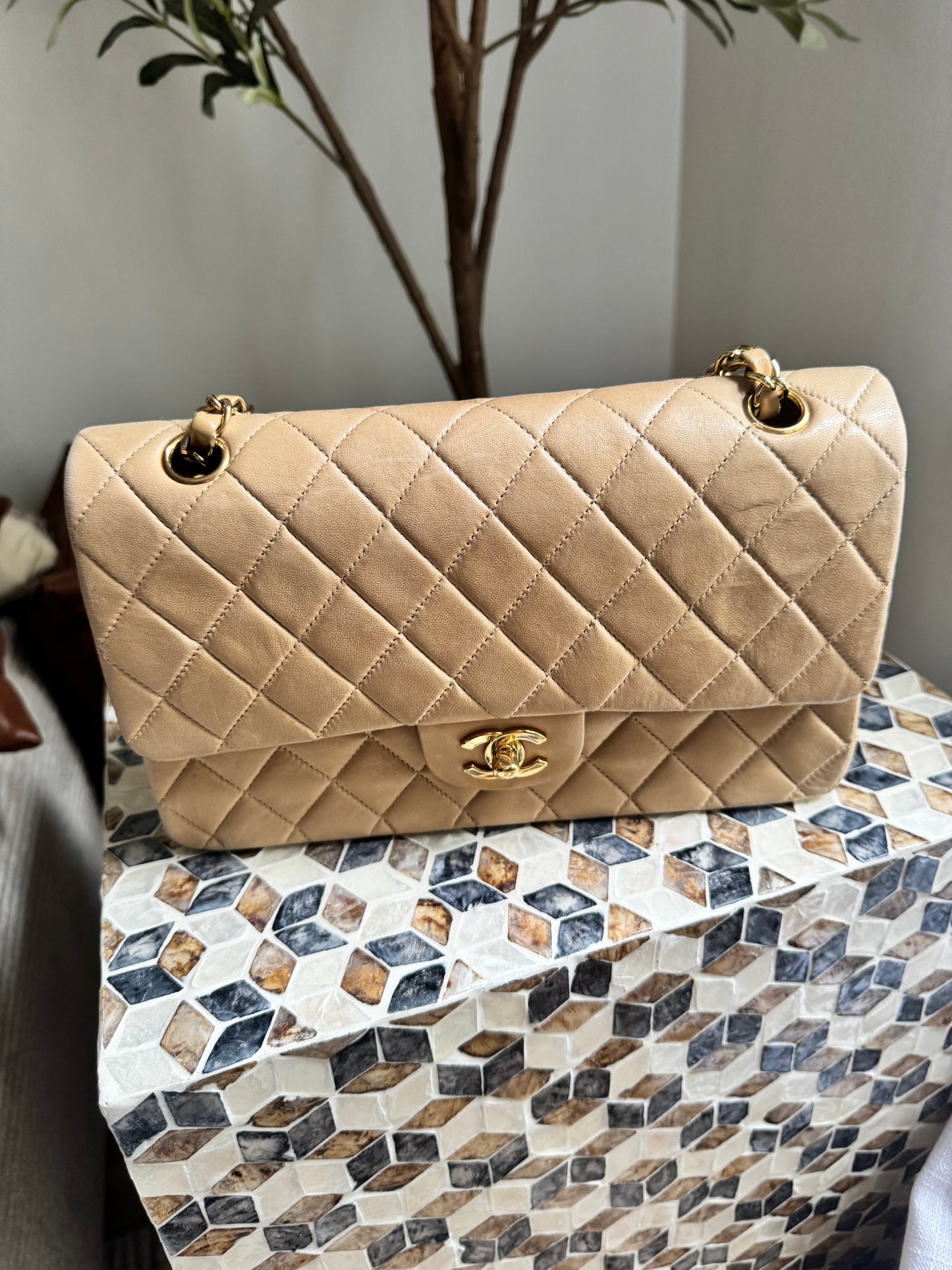 Chanel Beige Lambskin Medium Classic Flap