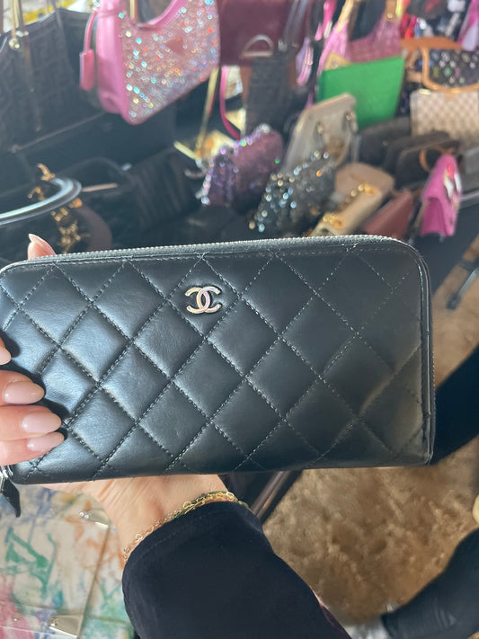 Chanel black lambskin long zippy wallet