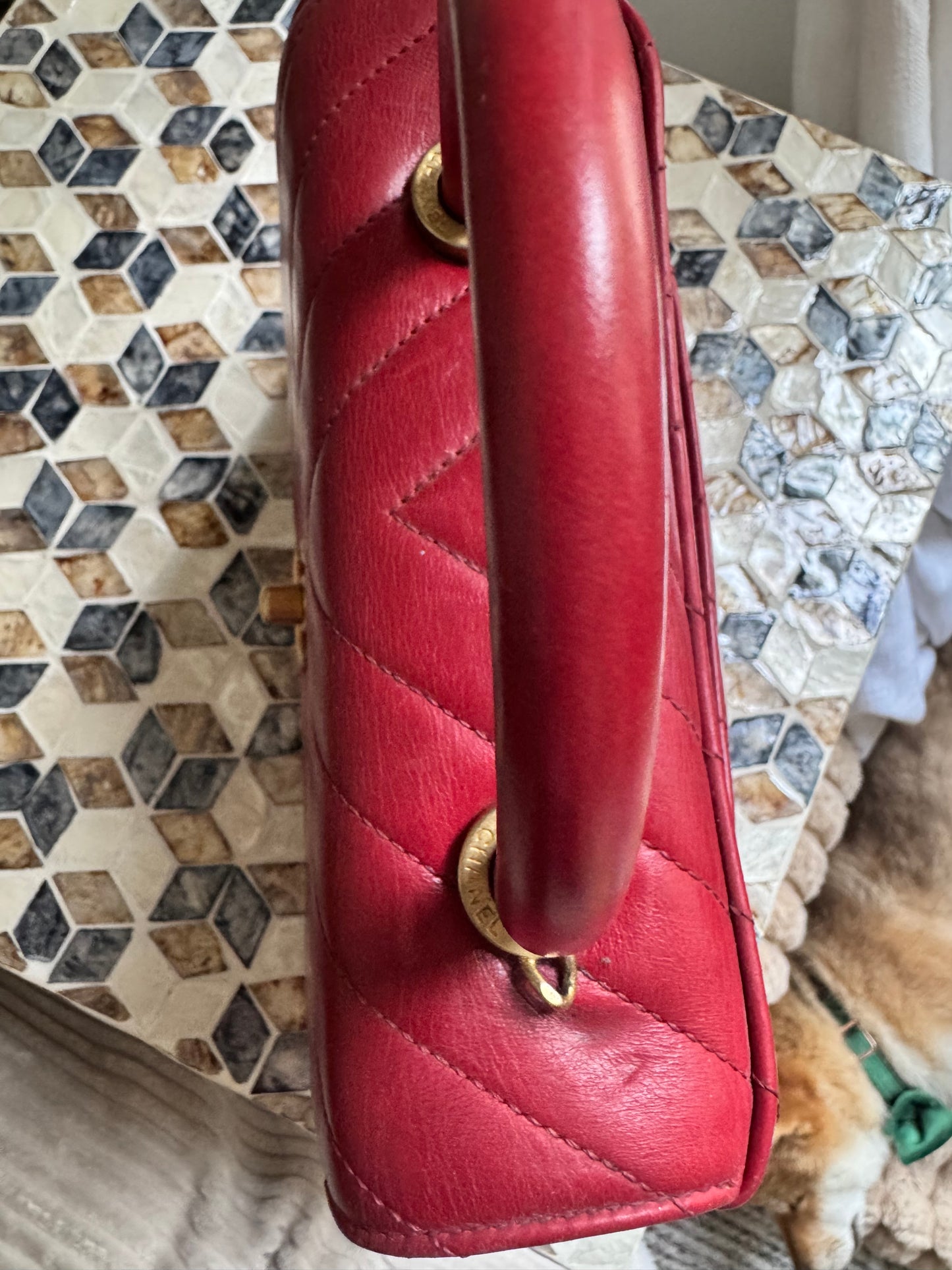 Chanel Chevron Crinkle Red Calfskin Small Coco Handle