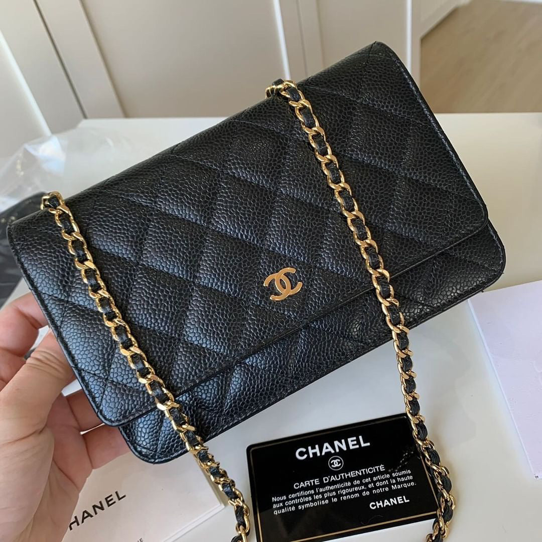 Chanel black caviar wallet on chain