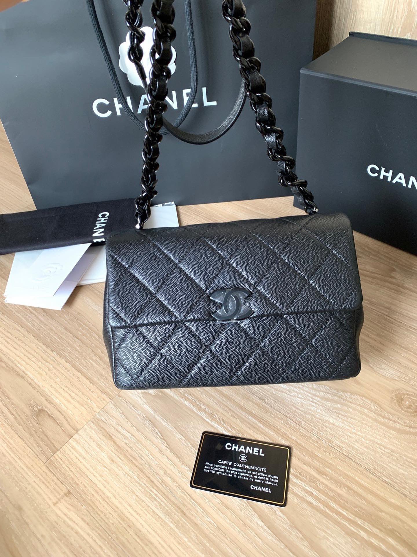 Chanel black caviar so black small flap