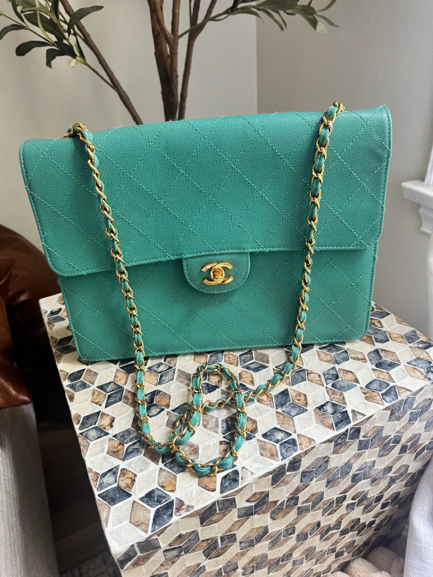 Chanel Turquoise Caviar Vintage Flat Stitch Jumbo Single Flap