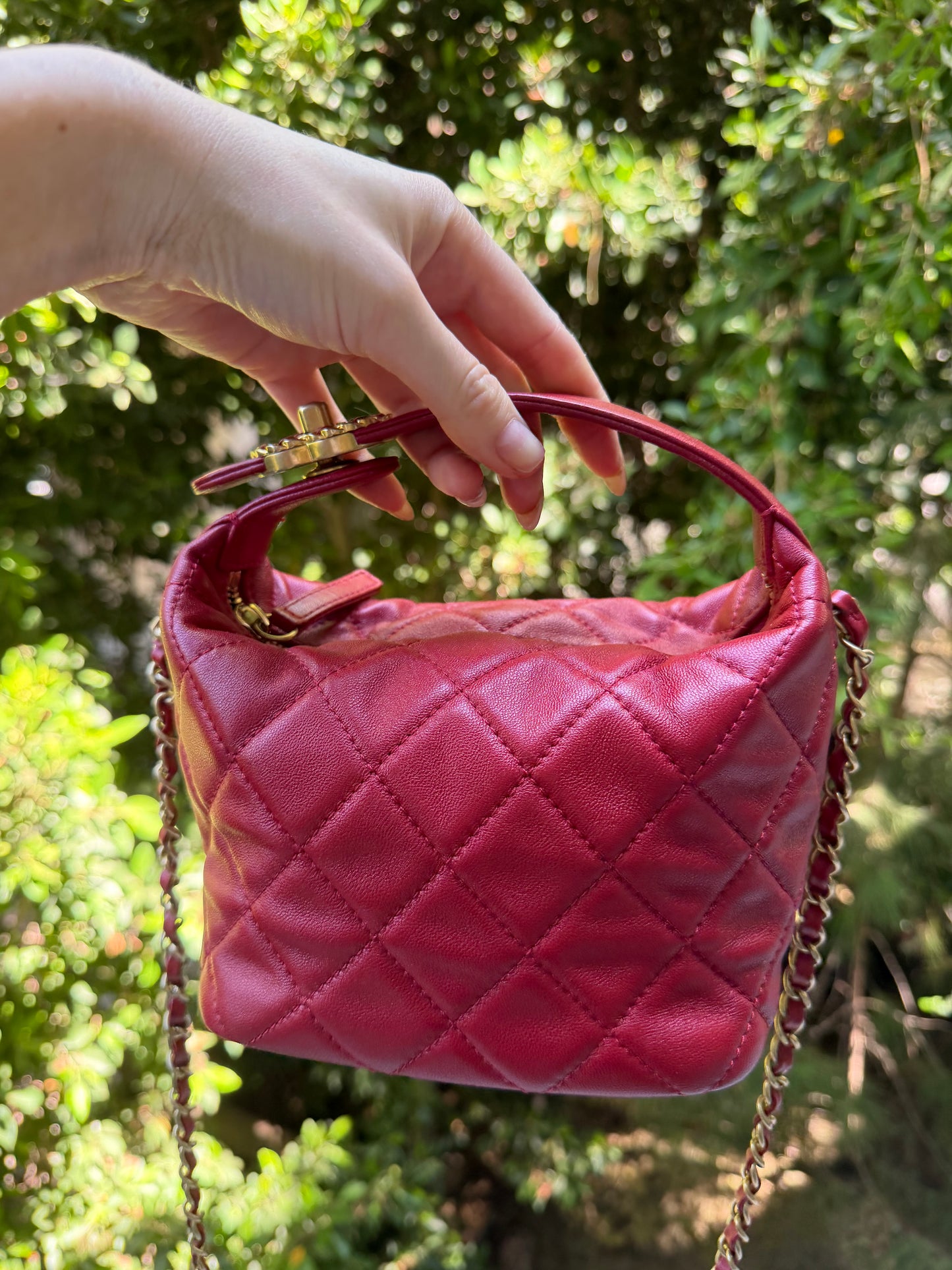 Chanel red lambskin CC turnlock top handle small hobo on chain