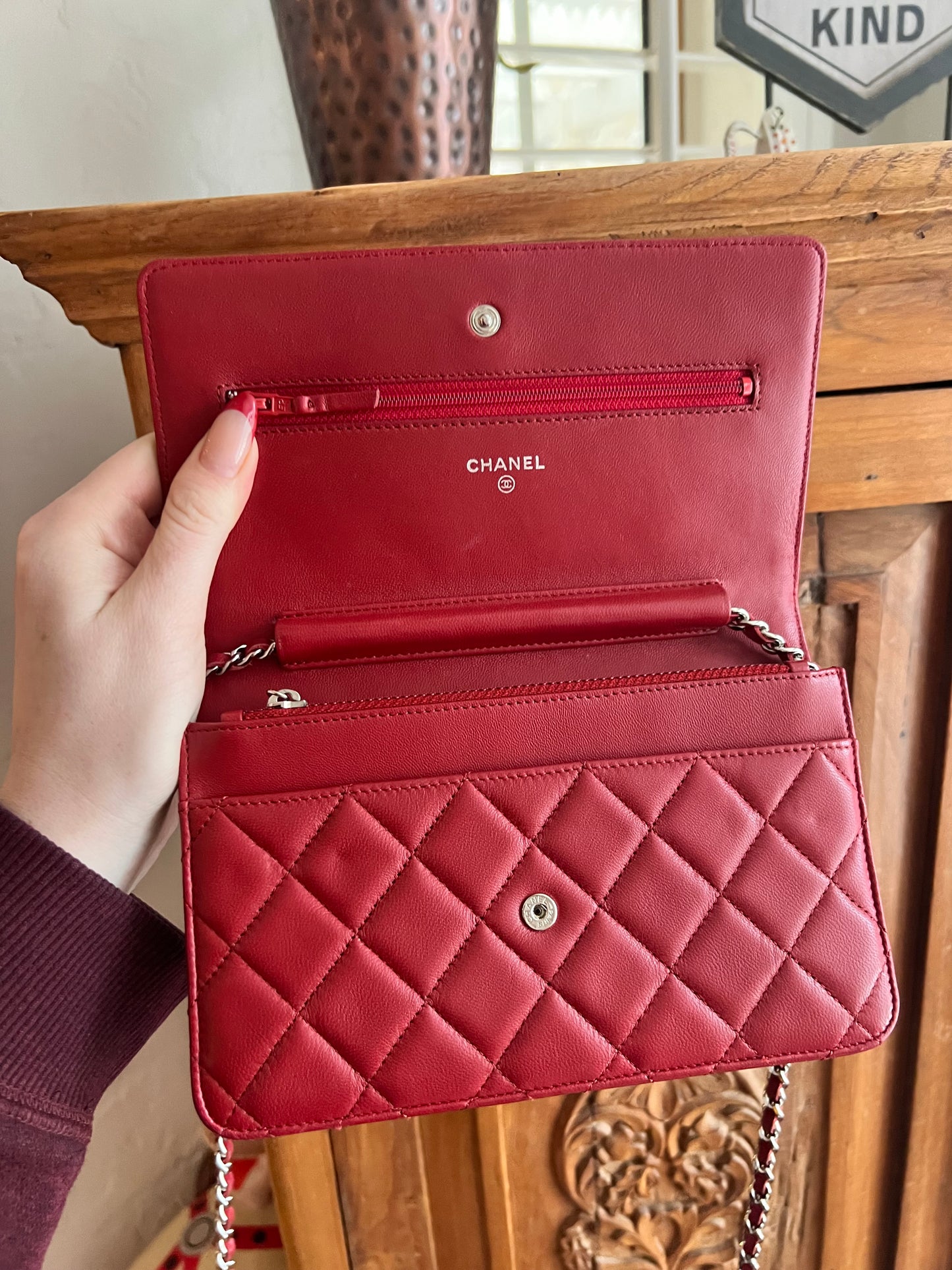 Chanel cherry red lambskin WOC wallet on chain crossbody bag SHW