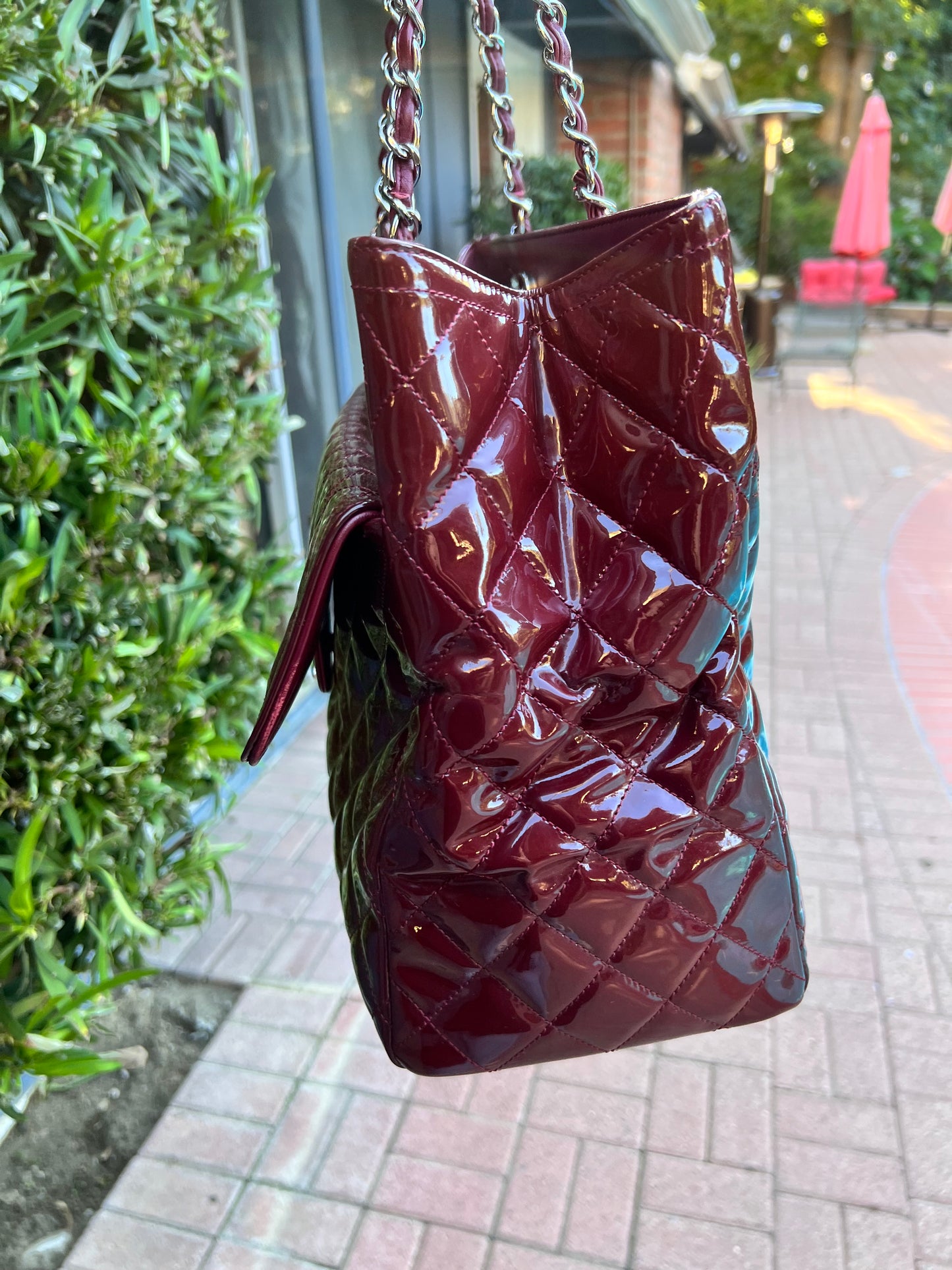 Chanel burgundy patent XL shopper tote