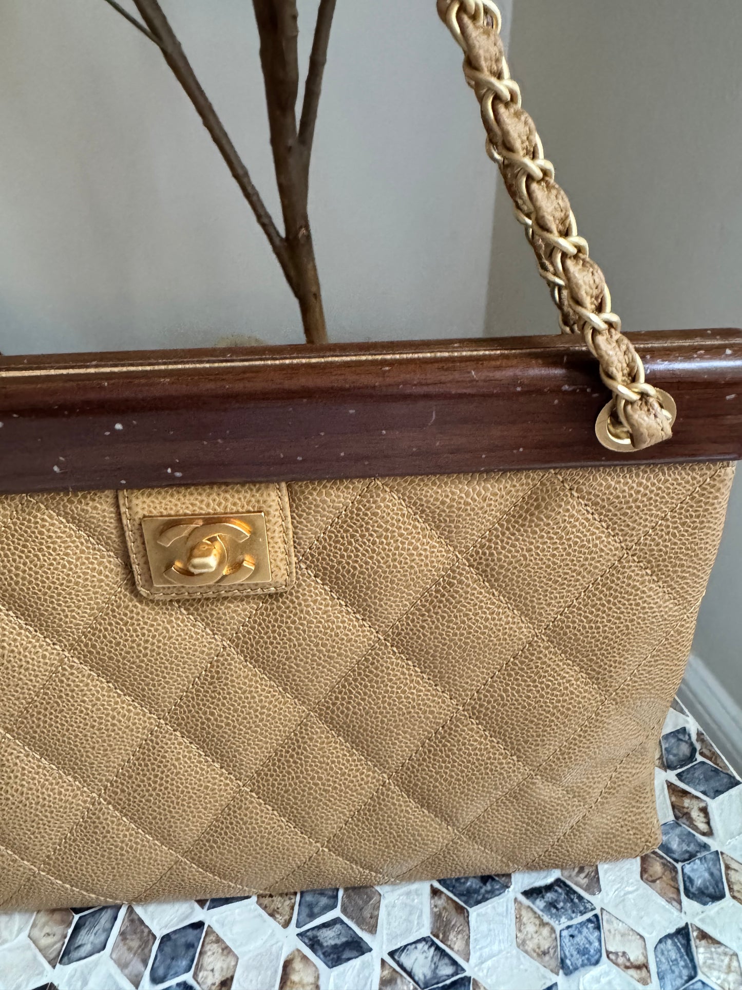 Chanel Vintage Beige Caviar Wooden CC Shoulder Tote