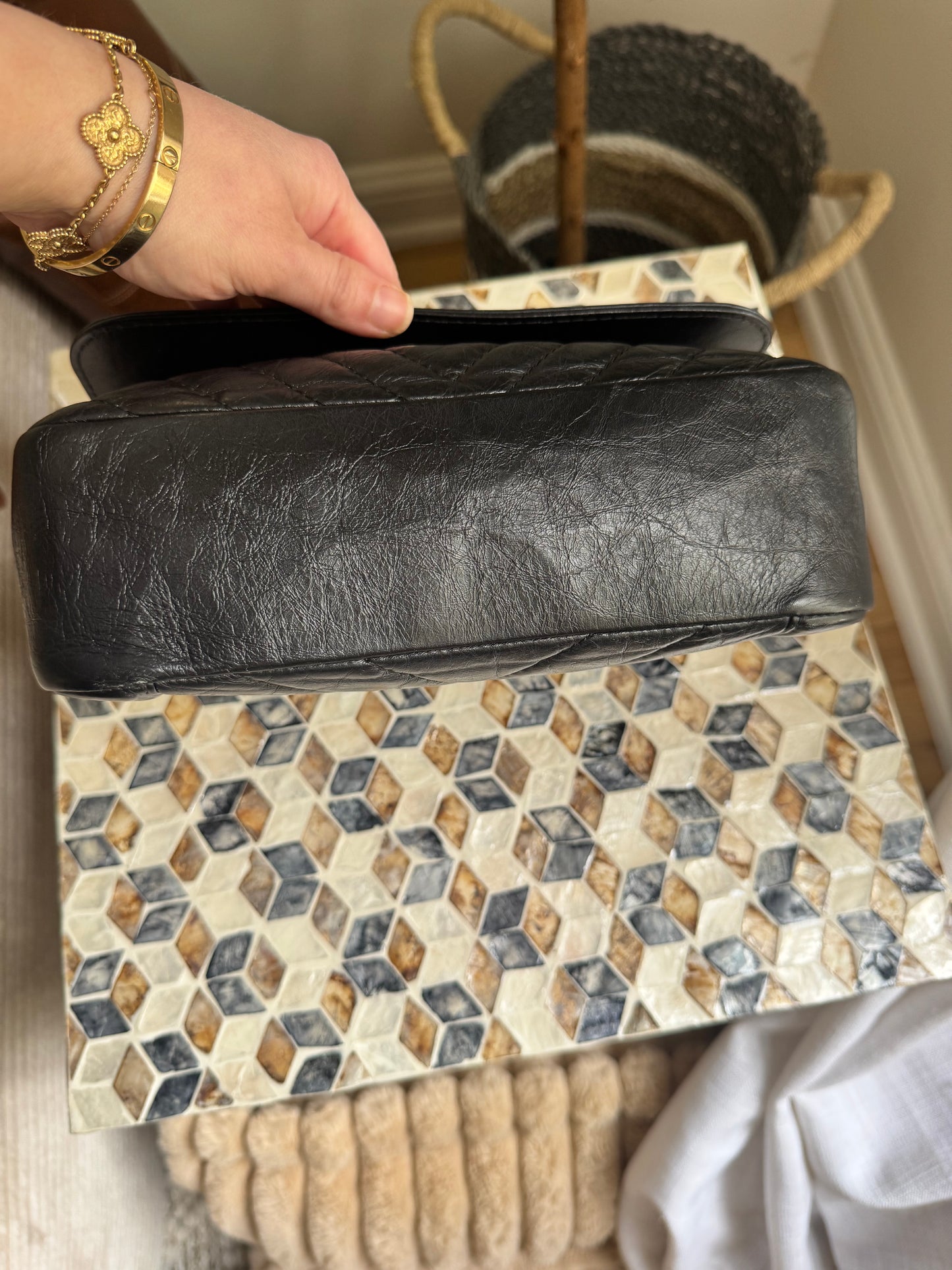 Chanel Black Chevron Quilted Crinkled Calfskin Top Handle/ Crossbody bag