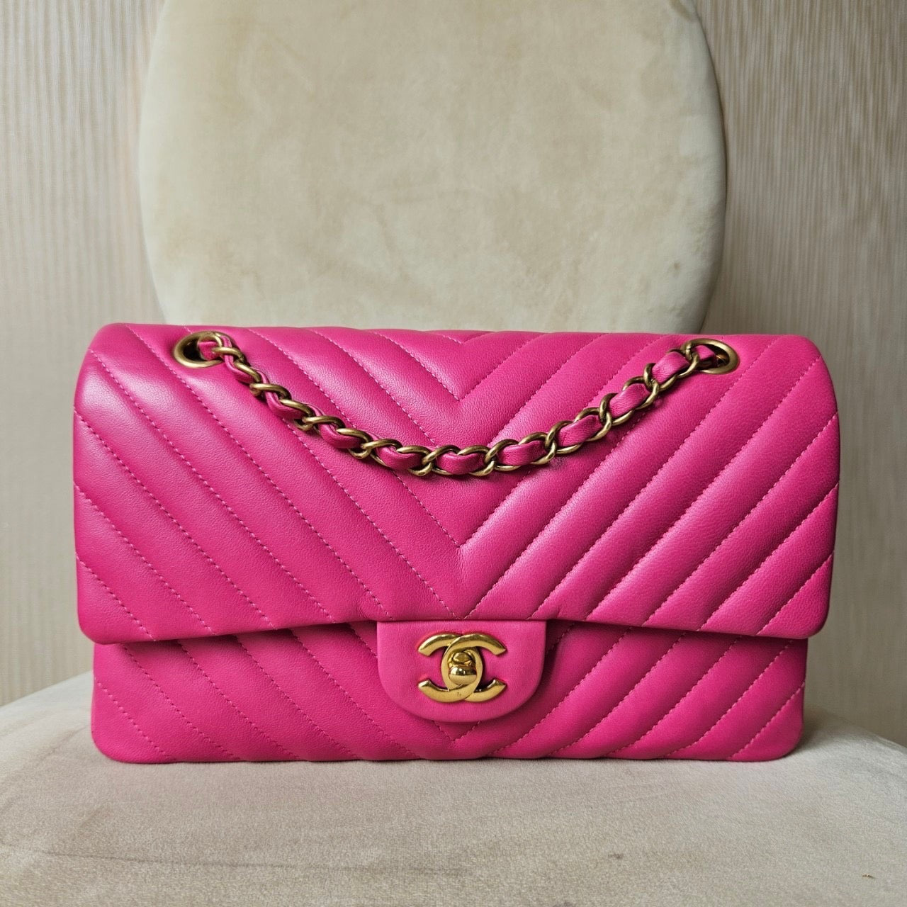 Chanel Pink lamb chevron medium classic flap GHW bag