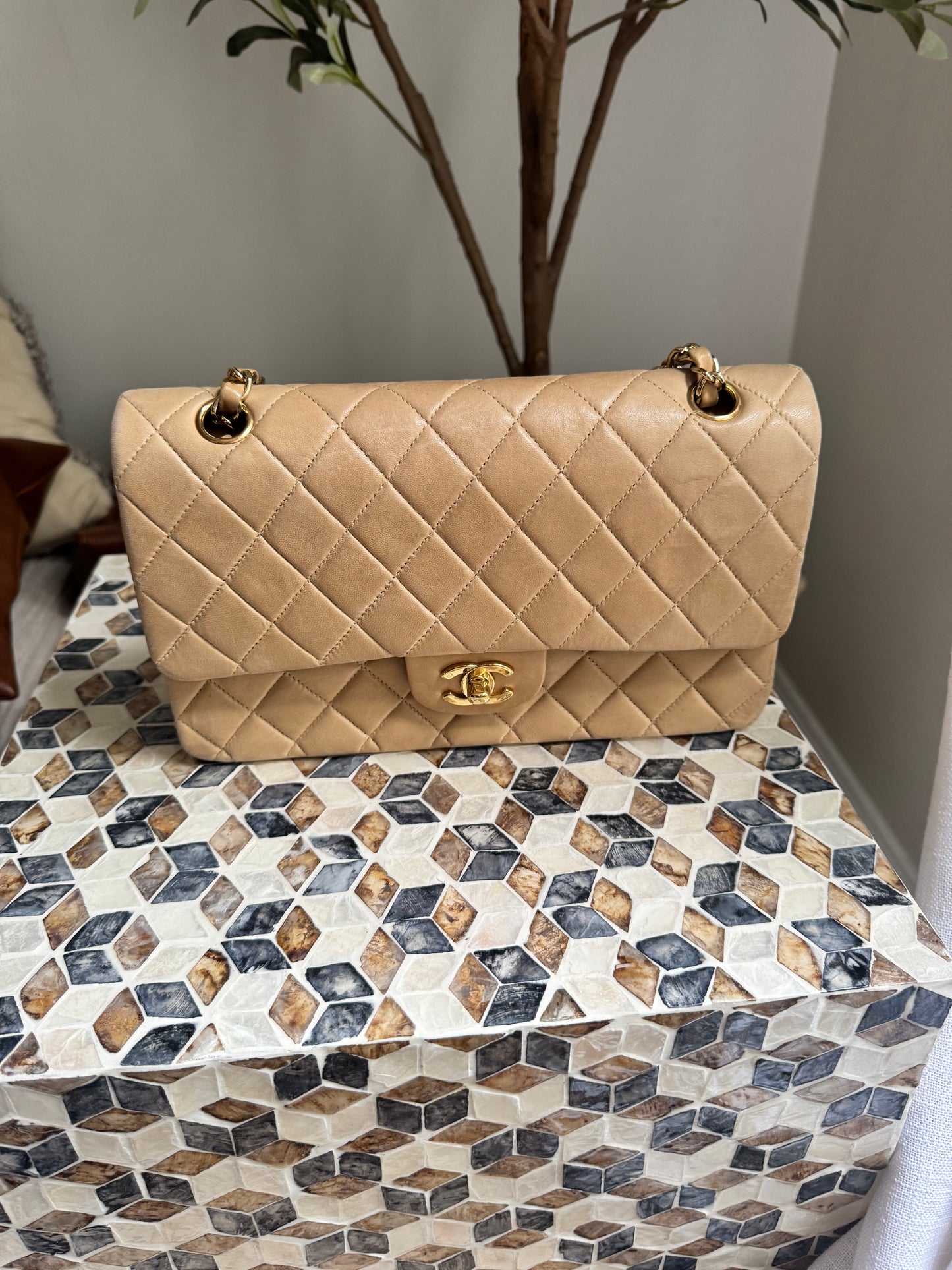 Chanel Beige Lambskin Medium Classic Flap