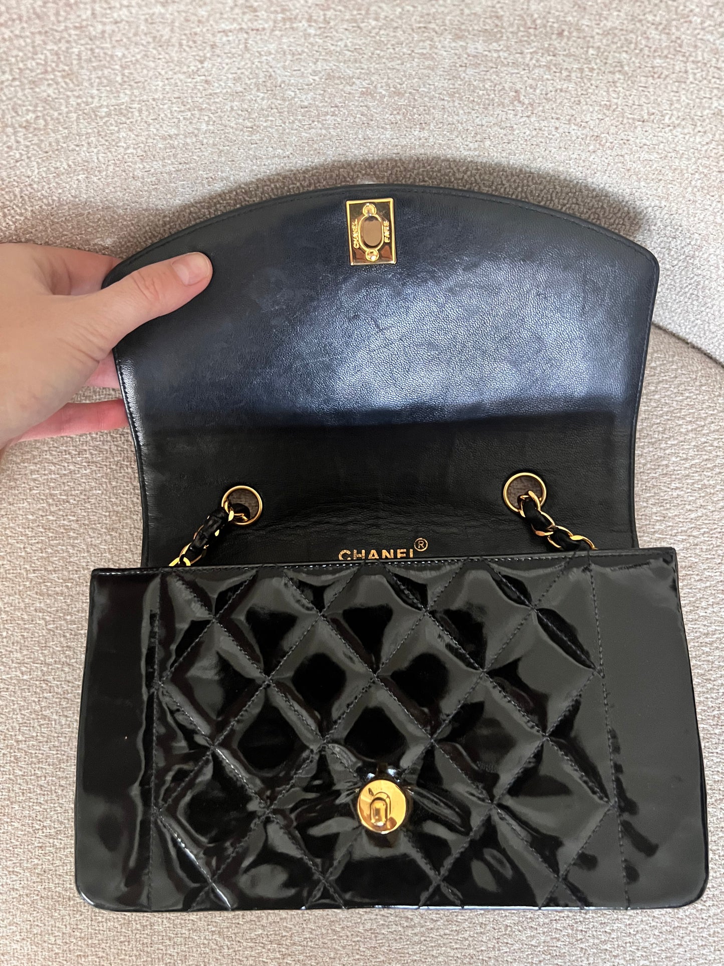 Chanel Small vintage black patent Diana 24k GHW