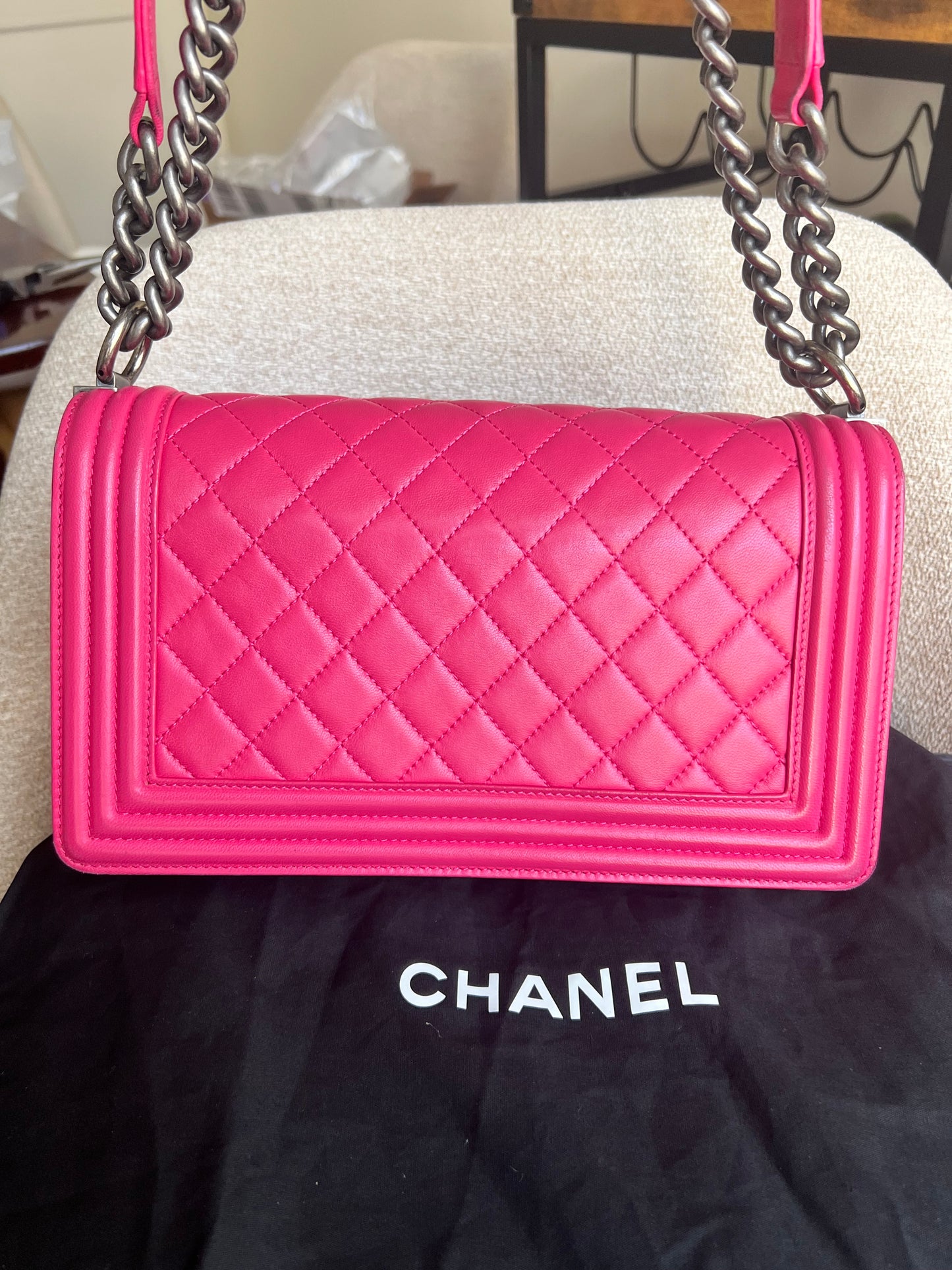 Chanel raspberry pink lambskin medium boy bag RHW