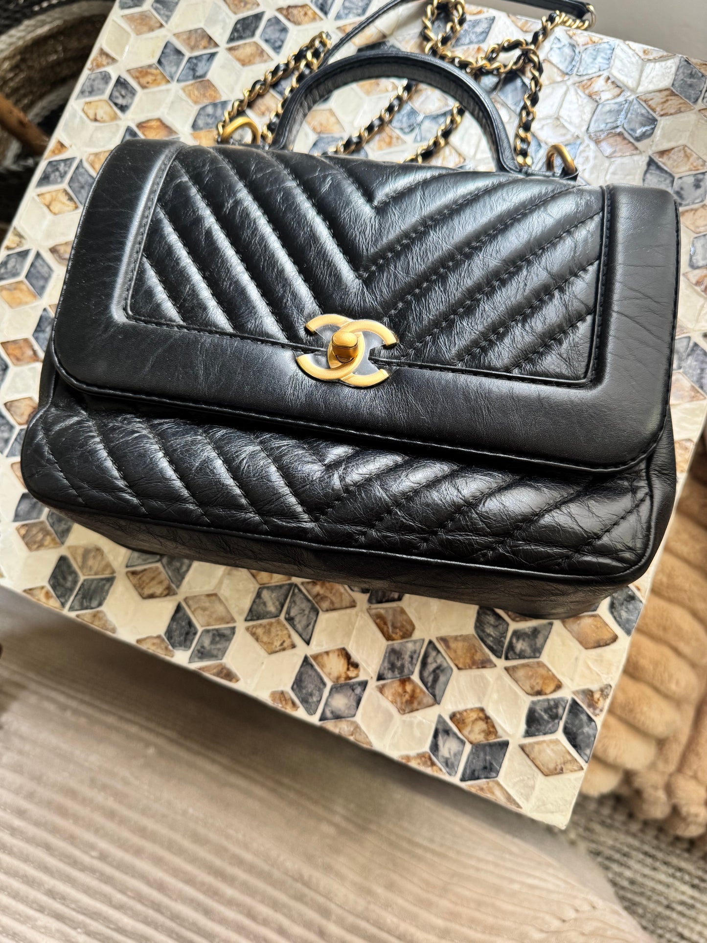 Chanel Black Chevron Quilted Crinkled Calfskin Top Handle/ Crossbody bag