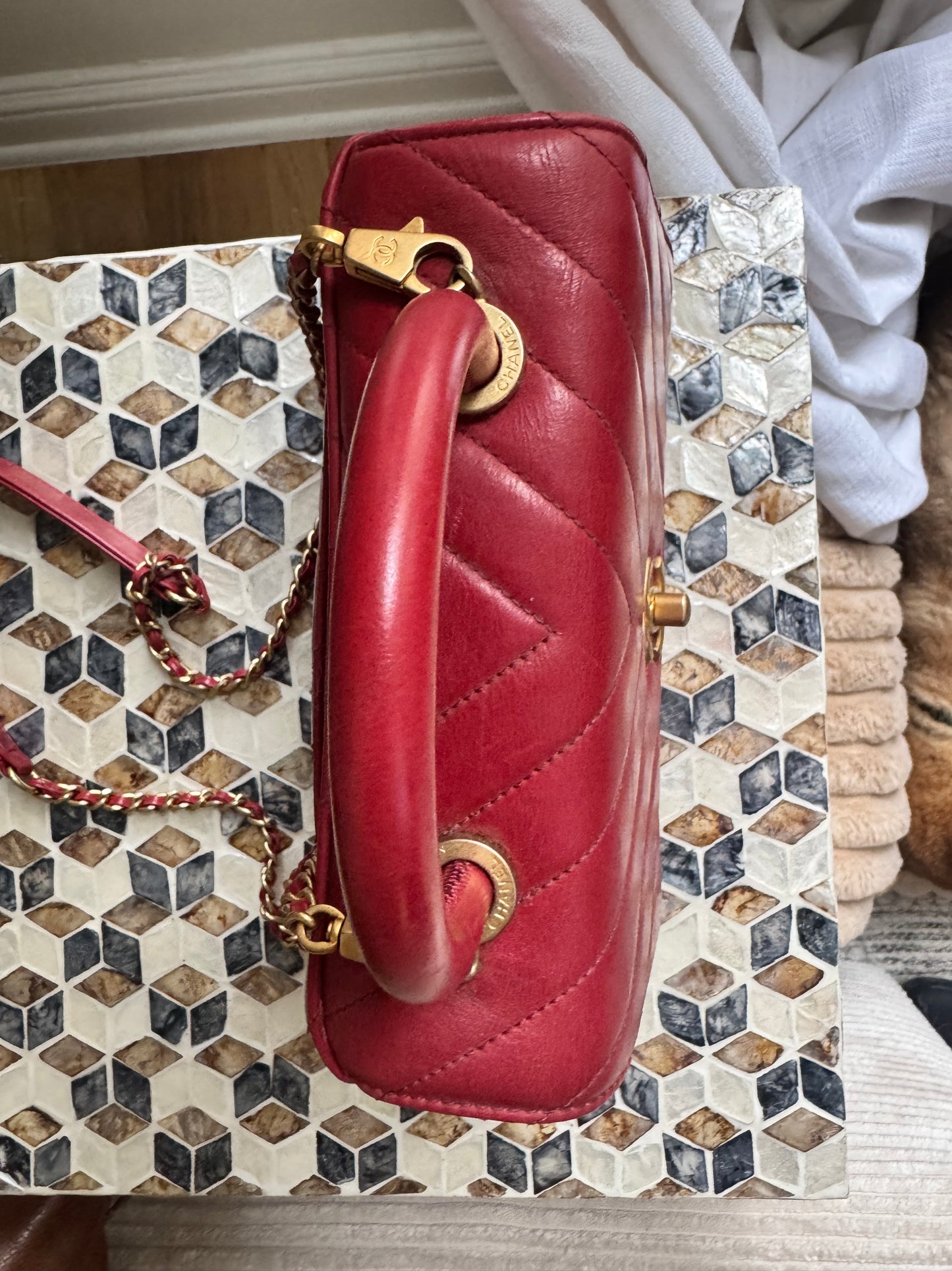 Chanel Chevron Crinkle Red Calfskin Small Coco Handle