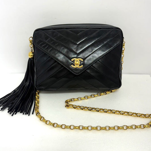 Chanel vintage chevron black lambskin camera bag with bijou chain