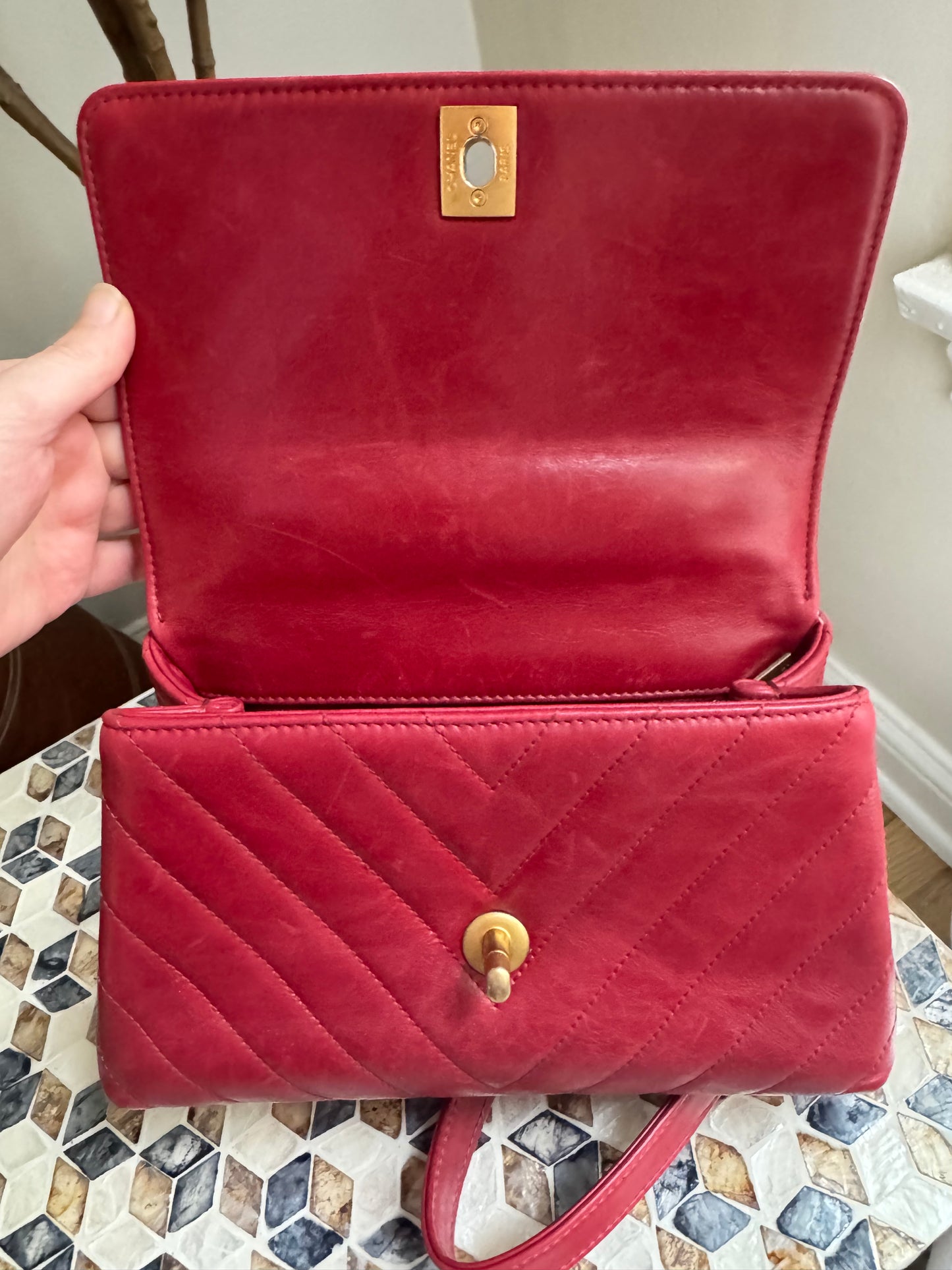 Chanel Chevron Crinkle Red Calfskin Small Coco Handle